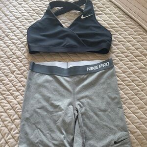 Nike Women's Black and Gray Sports Bra and Shorts